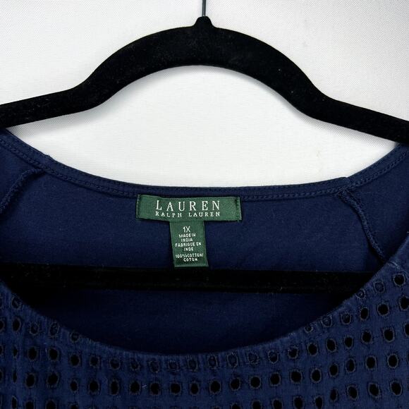 Plus Sized LAUREN RALPH LAUREN Navy Eyelet Short Sleeve Shirt Size - Picture 6 of 8